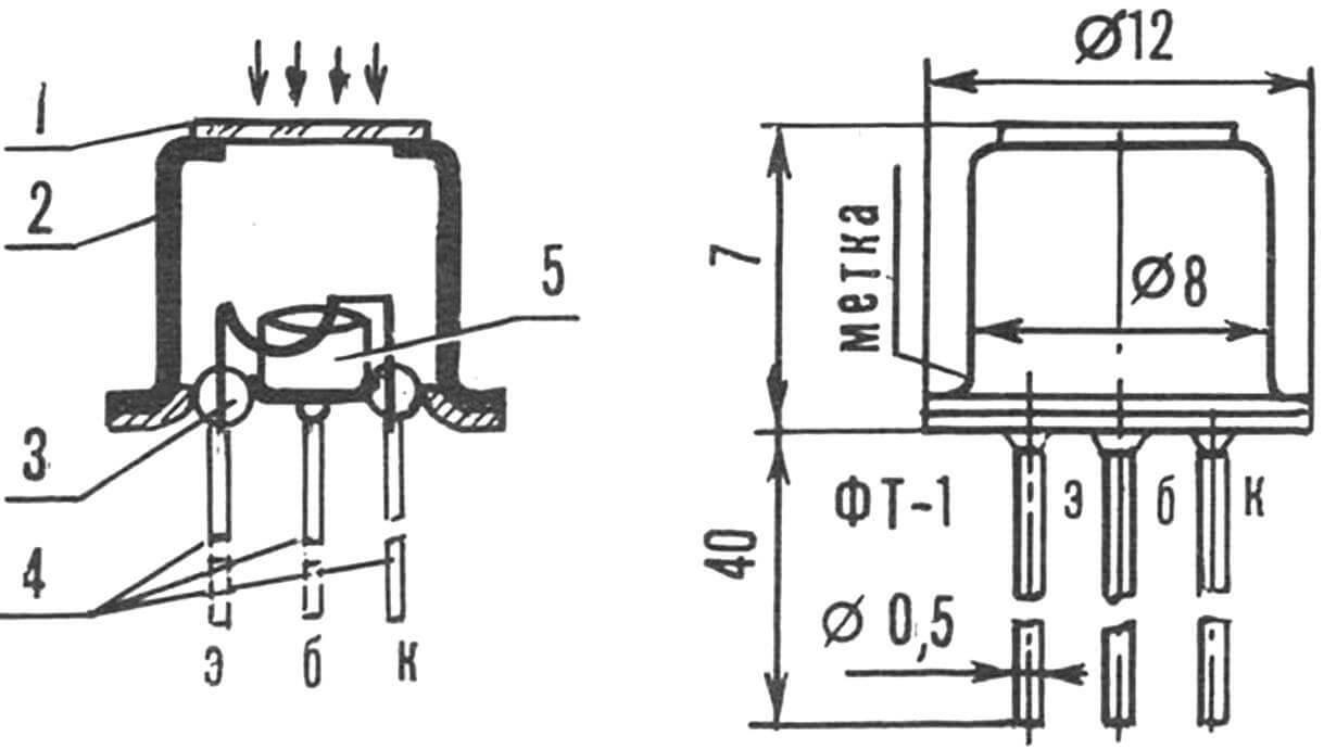 Устройство и внешний вид фототранзистора типа ФТ-1