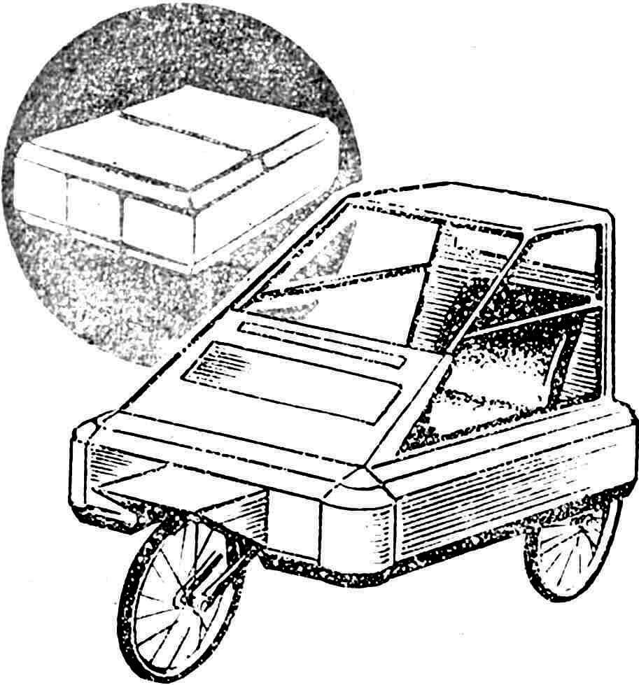 Рис. 13. Схема веломобиля-«чемодала» (Франция, 1977 г.).
