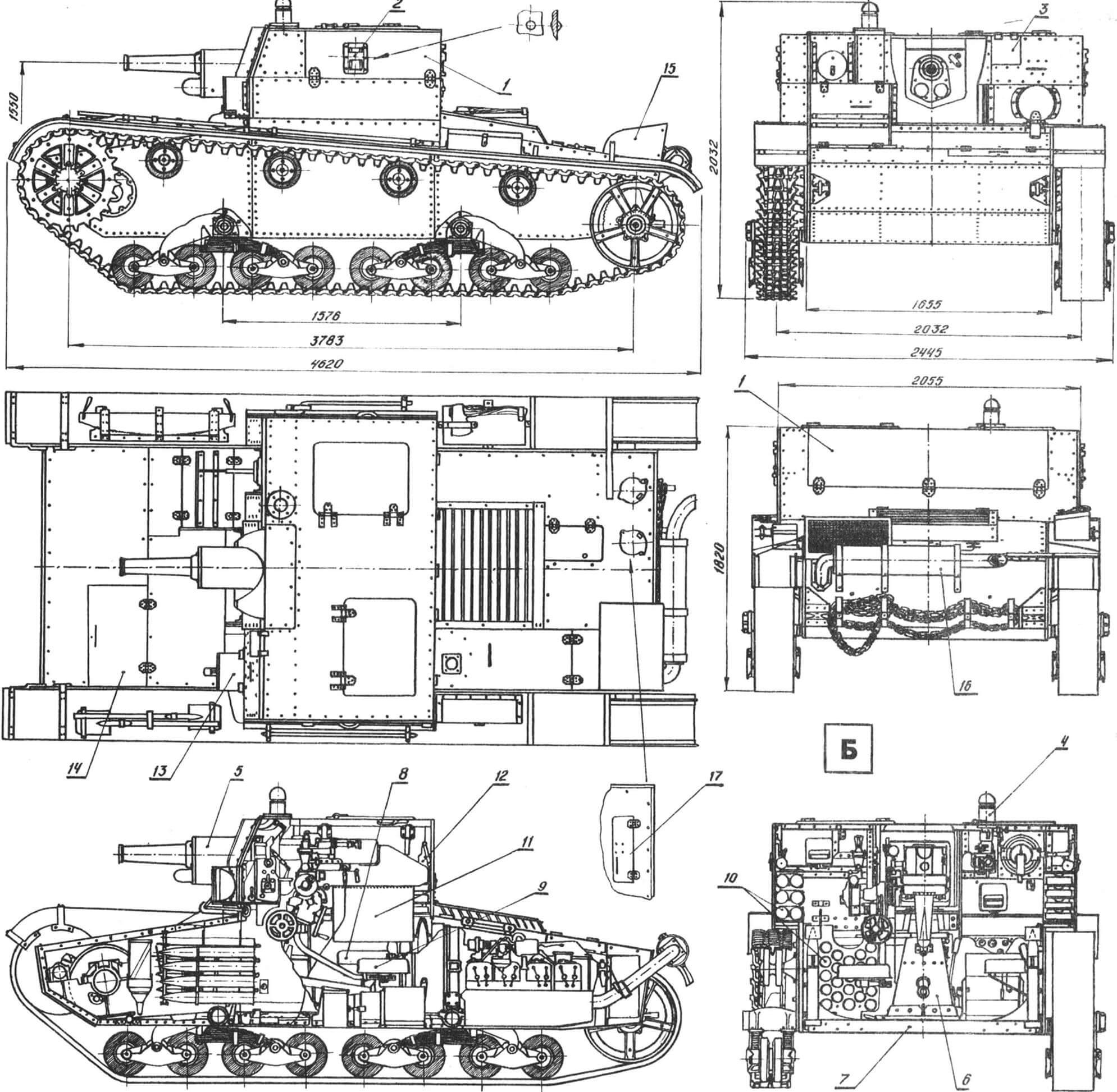 Легкий артиллерийский танк с раскрывающейся башней АТ-1. 1936 год (чертежи выполнены на основе проектной документации и фотографий опытных образцов АТ-1)