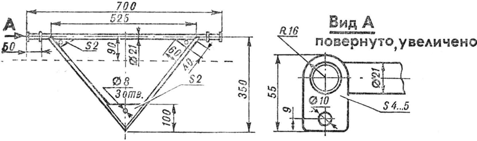 Рис. 4. Треугольник крепления передних проушин рессор переднего моста. Пунктиром показана передняя кромка днища.