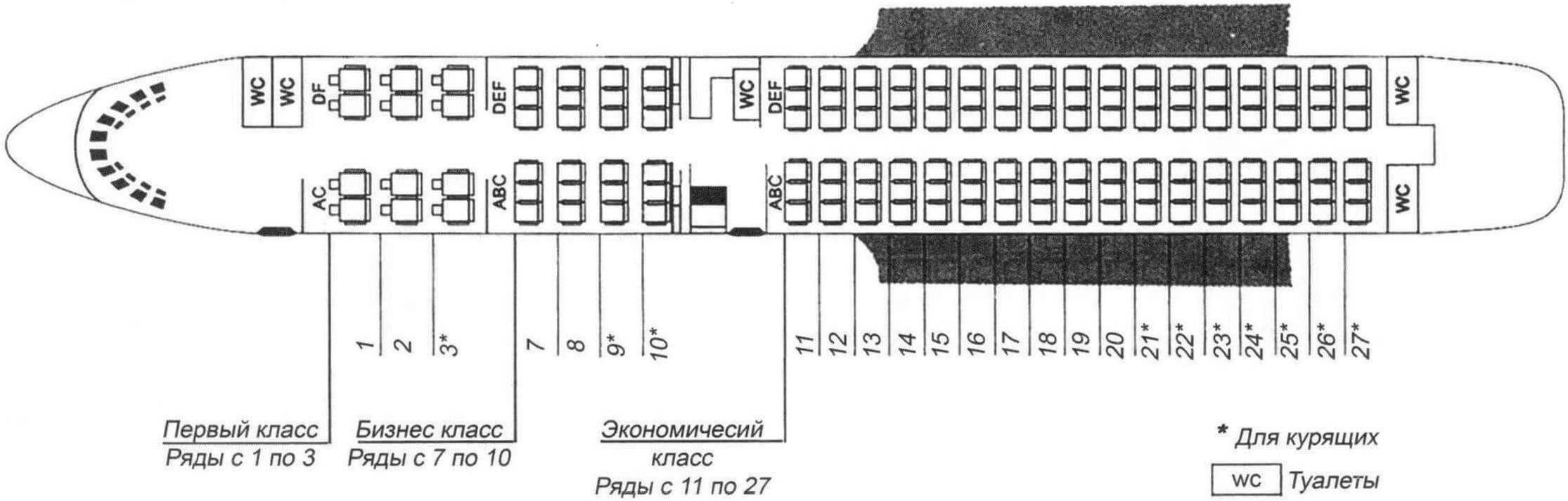 Компоновка салона Ил-62М начала 1990-х годов