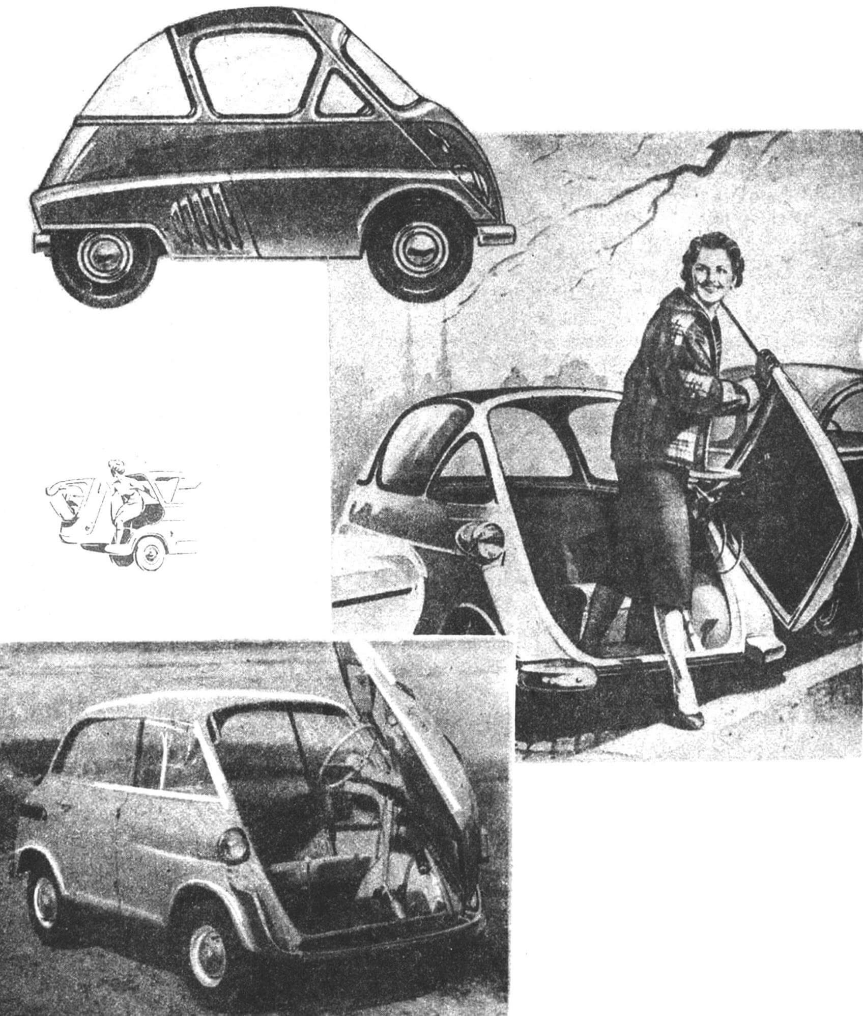 Мотоколяска «Изетта» (Италия, 1953) и ее развитие на 4-местном микроавтомобиле БМВ-600 (ФРГ, 1957). Рисунок дизайнера Э. Молчанова.