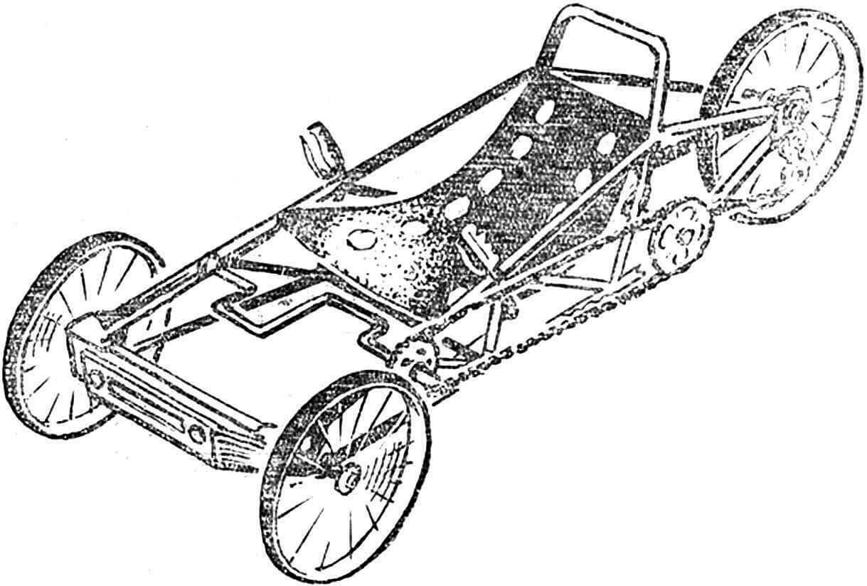 Рис. 2. Одноместный трицикл с рычажным управлением (США, 1975 г.).