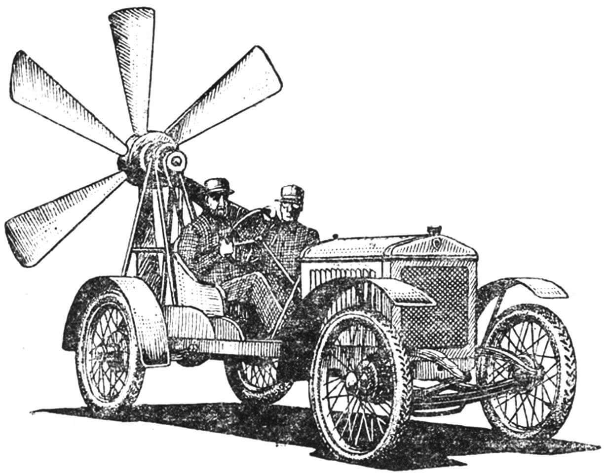 Рис. 1. «Ветряная мельница» на колесах — один из первых в мире аэромобилей (начало ХХ века).