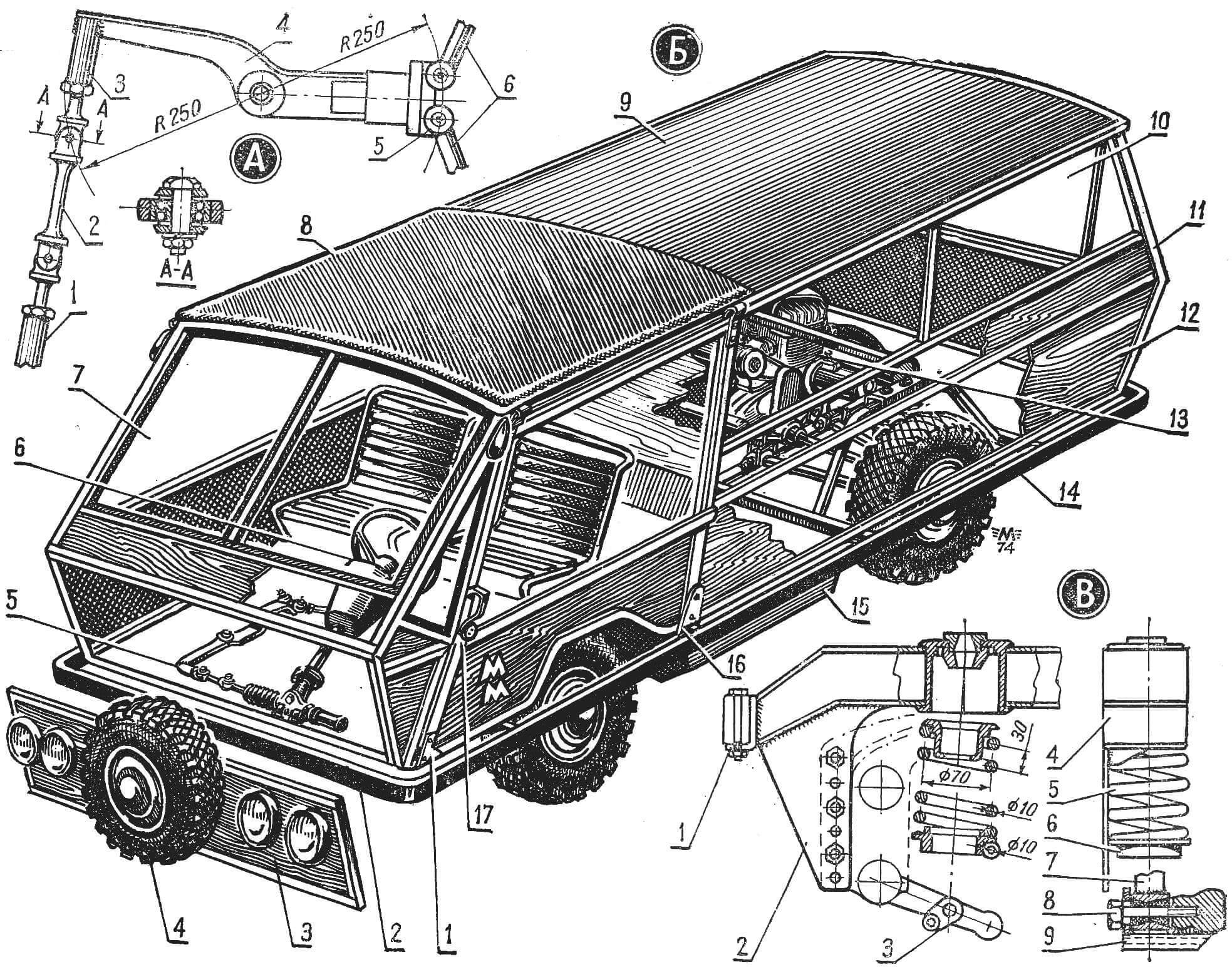 Рис. 1. Компоновка микроавтомобиля «Минимакс» и детали подвески