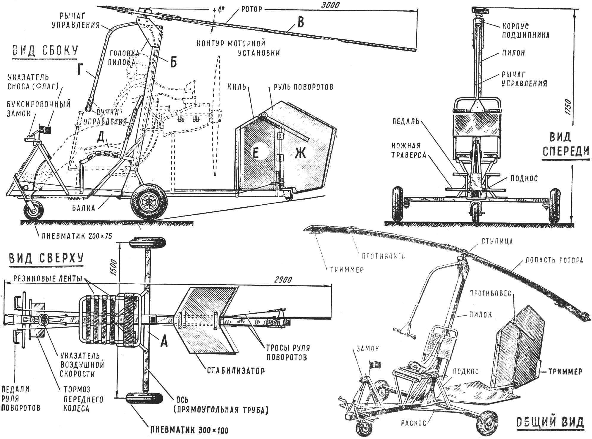 Рис. 3. Схема микроавтожира Игоря Бенсена (по рисунку, выполненному самим конструктором).