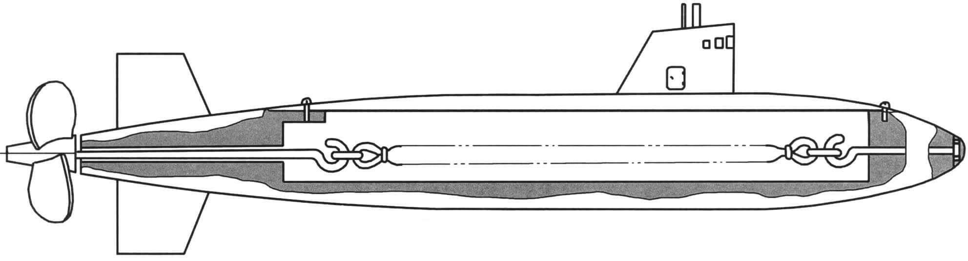 Модель подводной лодки длиной до 500 мм с резиномотором