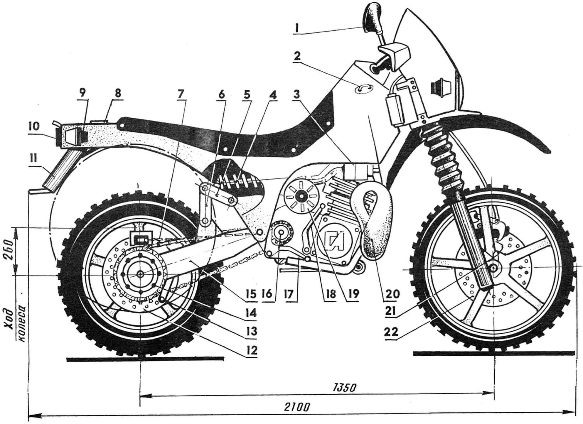 Рис. 1. Мотоцикл типа «эндуро» с корпусом-монококом конструкции А. Гарагашьяна