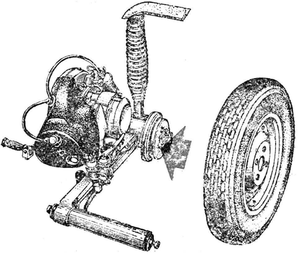 Рис. 1. Сердце микроавтомобиля — блок «мотор — колесо» от мотороллера «Вятка».