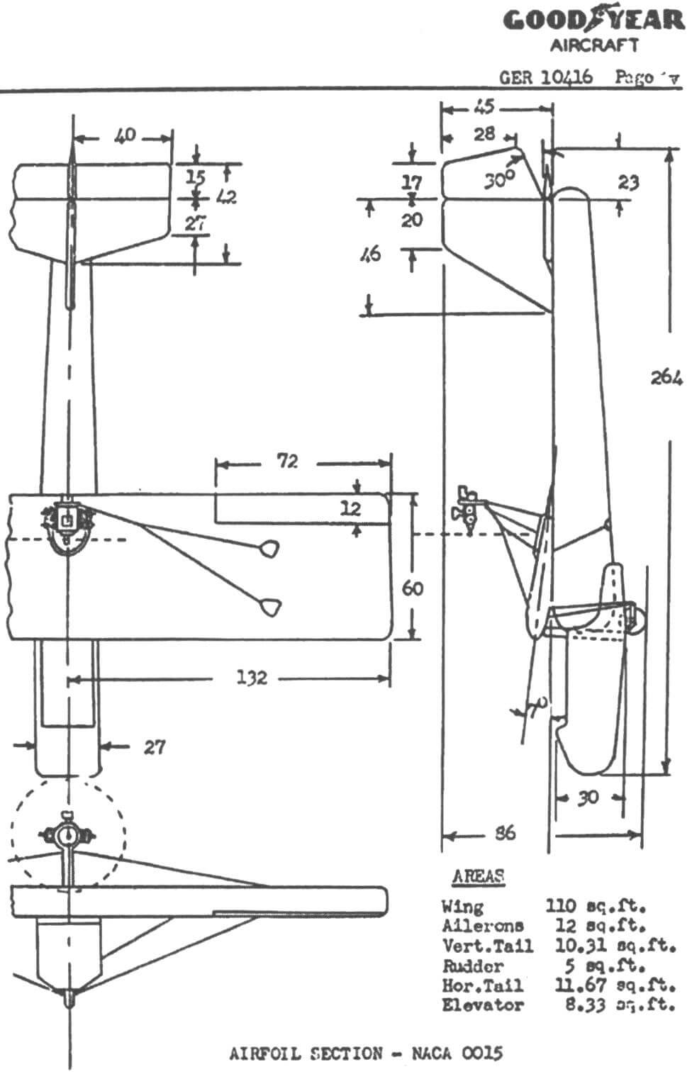 Схема предсерийного надувного самолета Goodyear GA-468 (ХАО-3-GI). Размеры указаны в дюймах. Рисунок из итогового отчета фирмы Goodyear (1961 год)