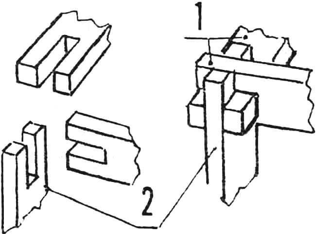Рис. 3. Угловой узел соединения горизонтальных (1) и вертикального (2) элементов каркаса.