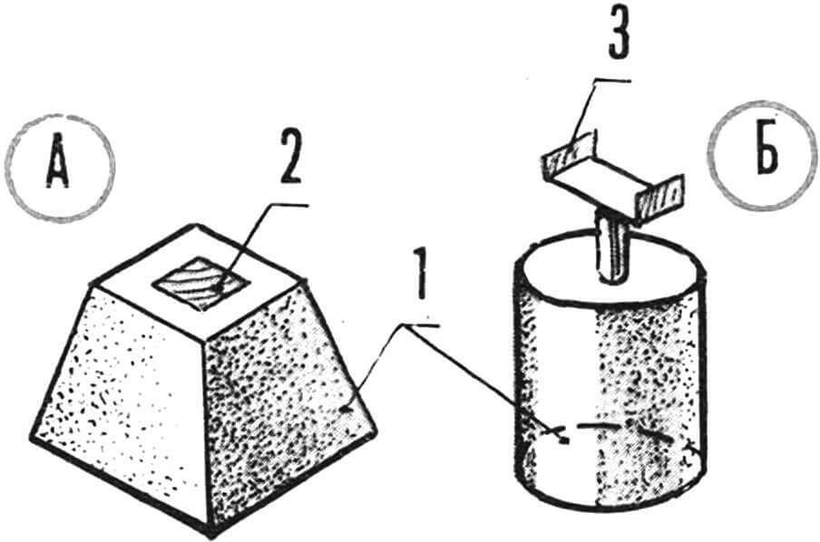 Рис . 5. Фундаментные бетонные столбики (А — пирамидальный, Б — цилиндрический) с закладными элементами под каркас хозблока