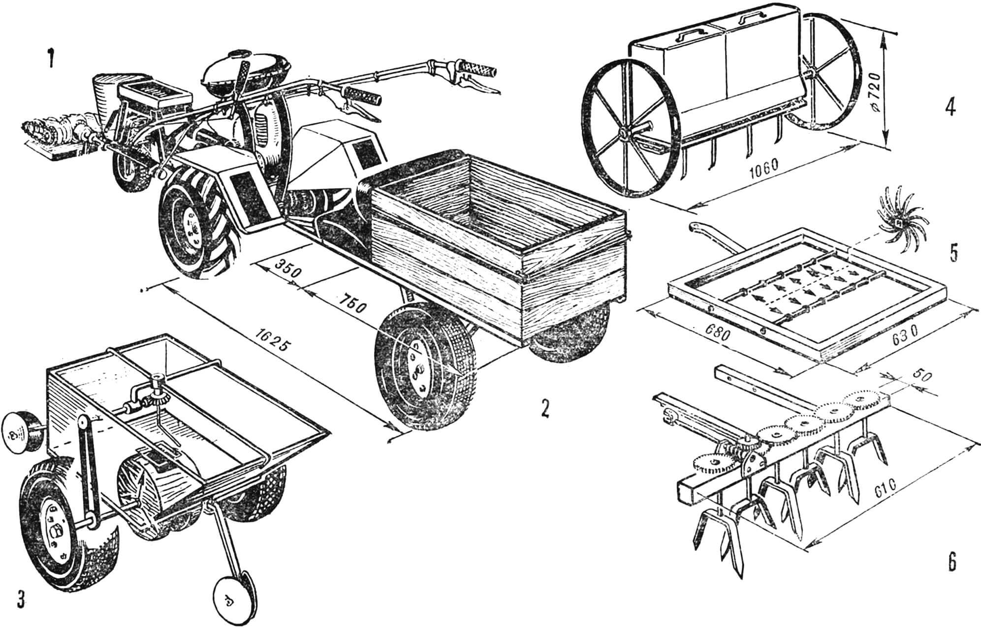 Рис. 1. Универсальная сельскохозяйственная машина УСММ-2 «Золушка» (базовая модель) с комплектом прицепных и навесных приспособлений