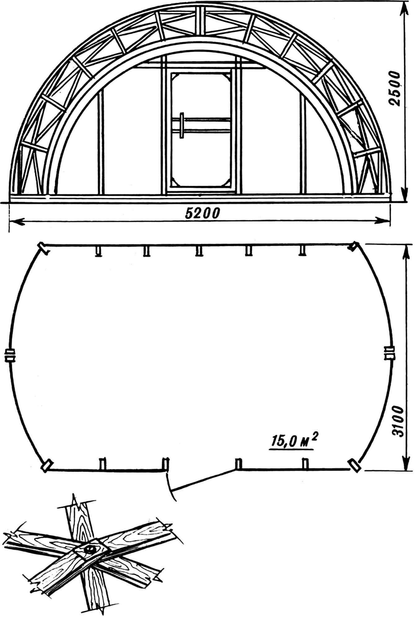 Фасад и план арочного каркаса. Внизу — типовое соединение стержней каркаса.