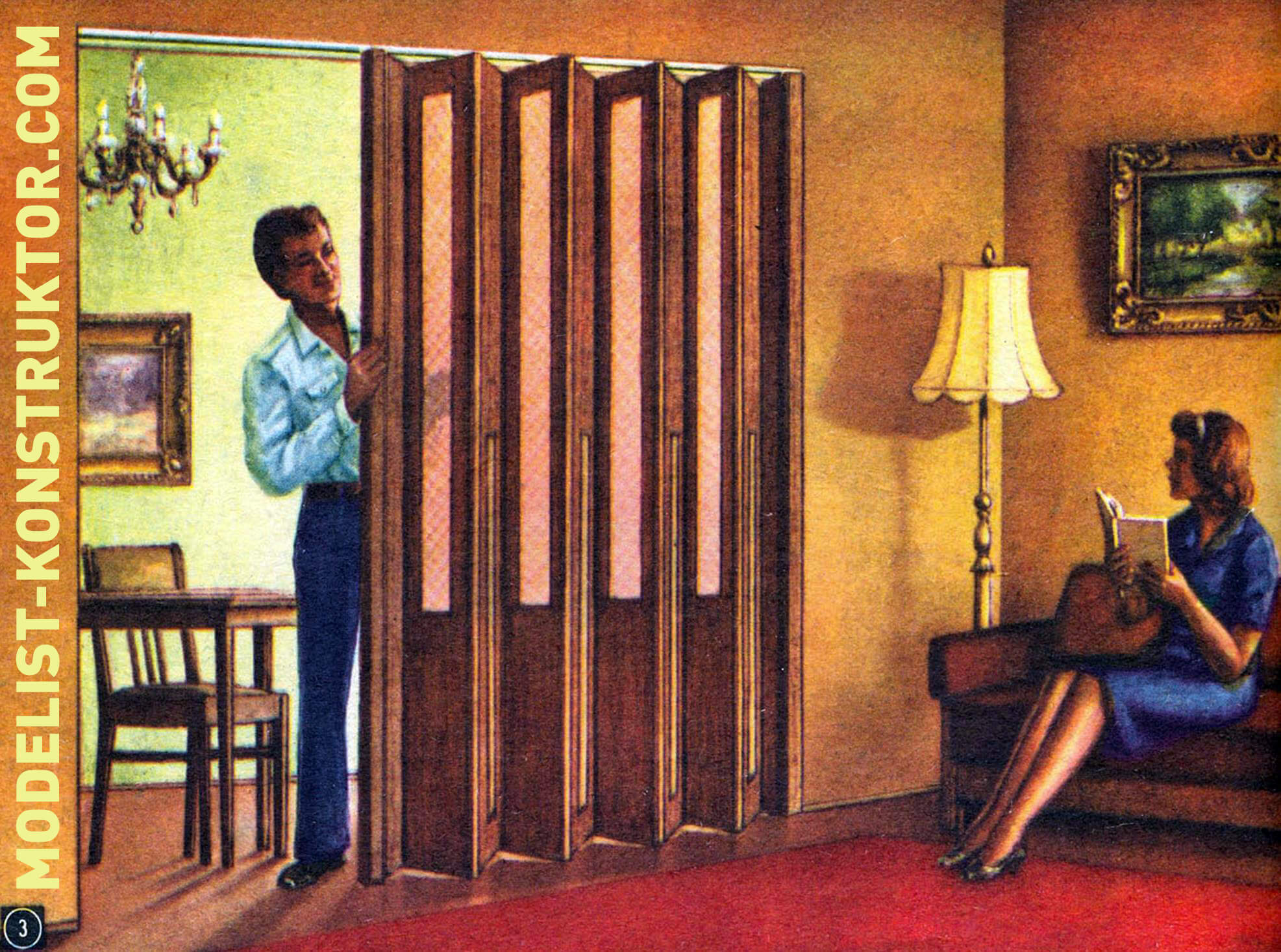 3. Дверь-стенка, складывающаяся наподобие гармошки, отличается универсальностью. Ее украшают вставленные в створки цветные витражные стекла.