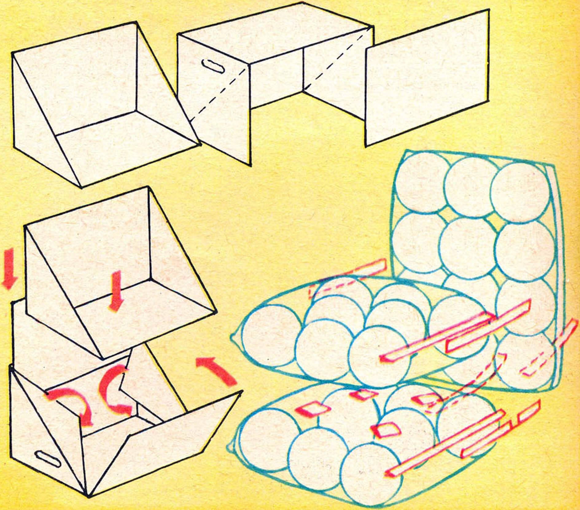 Воздушные шары, уложенные в пленочные чехлы, соединенные клейкой лентой и вставленные в картонный каркас из тарного ящика.