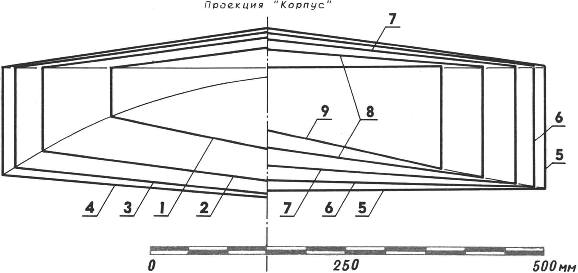 Рис. 3. Теоретический чертеж корпуса парусной доски.