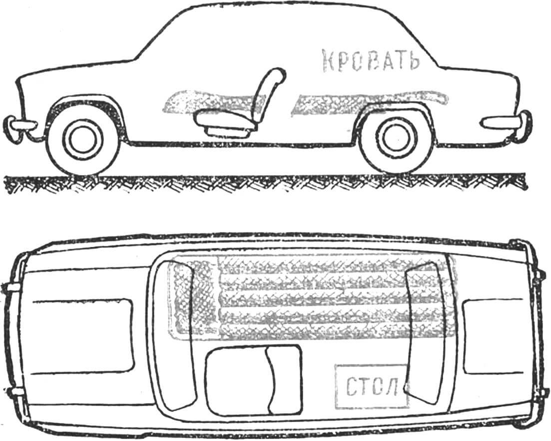 Рис. 3. Автомобиль типа «седан» с измененной планировкой интерьера, рассчитанной на непродолжительное проживание 2—3 человек.