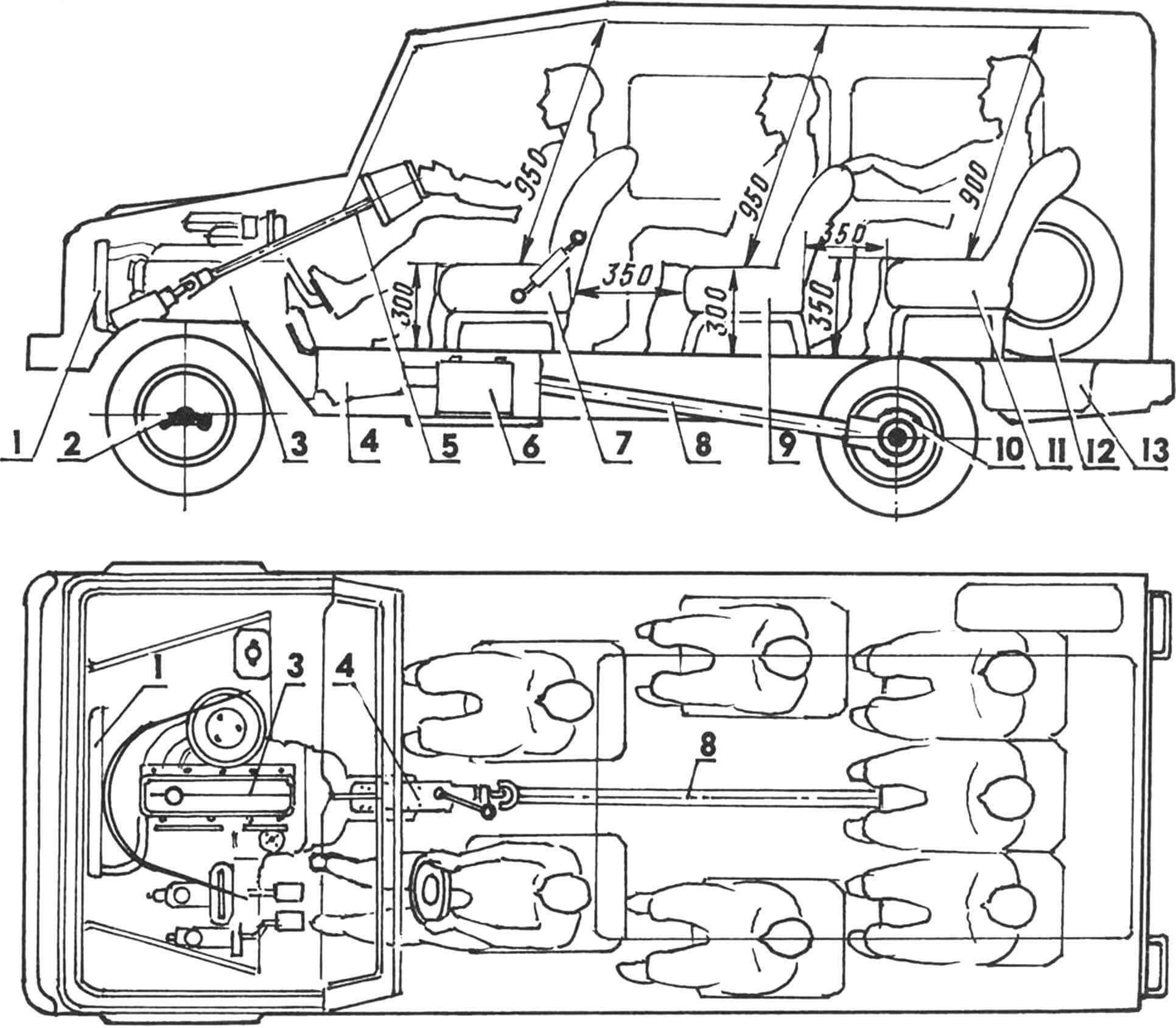 The layout of the car and the arrangement of seats in the cabin