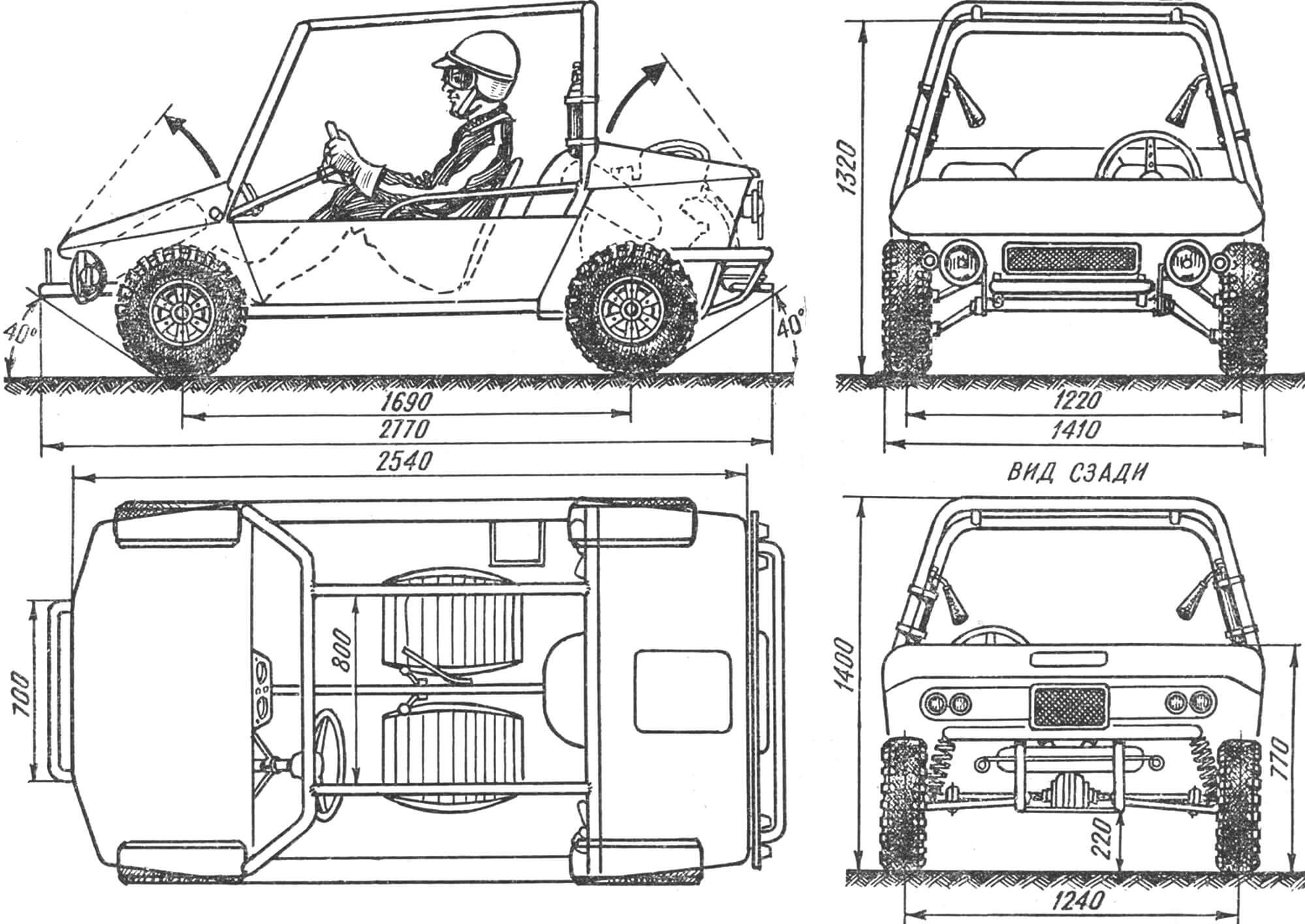 Rice. 2. Diagram of the KVP buggy microcar in four projections.
