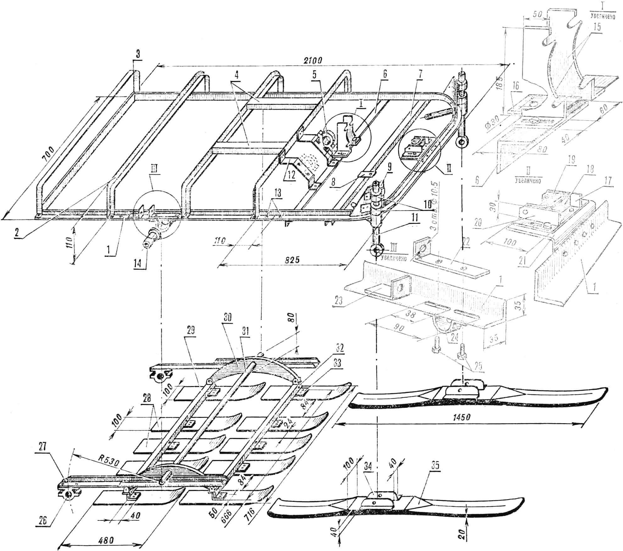Snowmobile frame with structural elements of propulsion and transmission