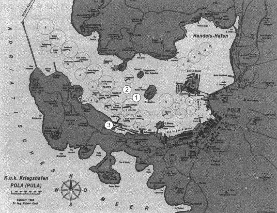Расположение кораблей и судов в Поле на момент атаки «Миньятты». Отмечены места стоянки«Вирибуса Унитиса» (1), «Тегетгоффа» (2) и «Вин» (3)