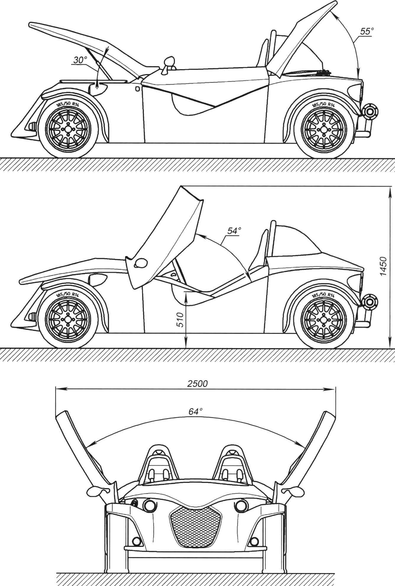 Схема открытия крышки багажника(впереди), капота моторного отсека (сзади) и дверей (по бокам)