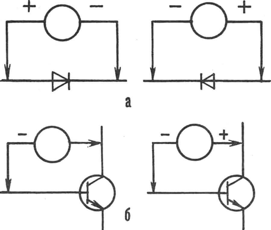 Рис. 2. Схемы проверки диодов (а) и транзисторов (б).