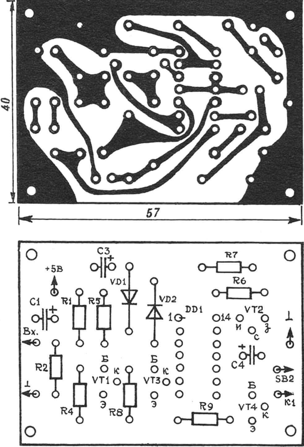 Рис. 2. Печатная плата автоматического выключателя со схемой расположения элементов.