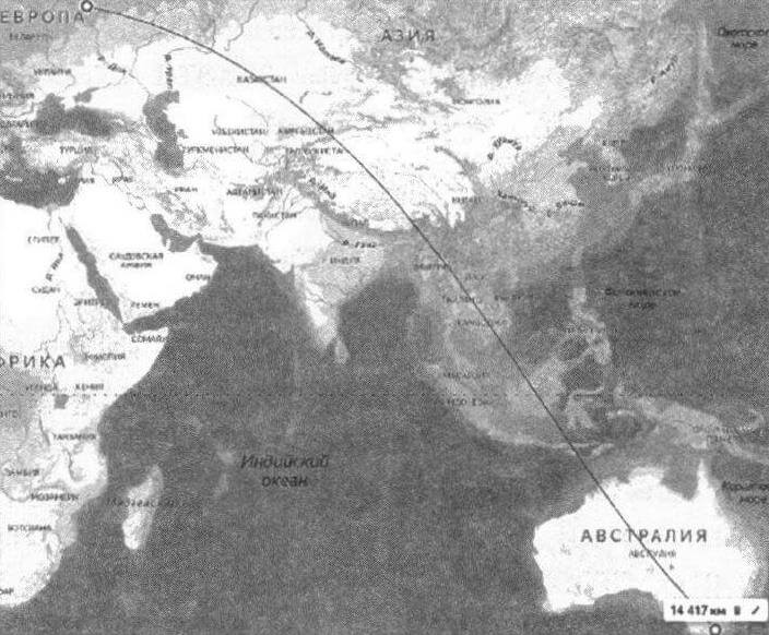Маршрут планировавшегося высотного беспосадочного рекордного перелета М.М. Громова Москва - Мельбурн через Тибет на самолете БОК-15