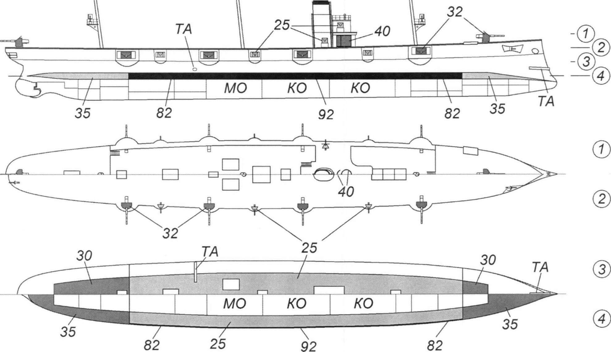 Схема бронирования крейсера «Тиёда» с указанием толщин брони в миллиметрах (реконструкция Вячеслава Филипова).МО - машинное отделение, КО - котельное отделение, ТА - торпедный аппарат