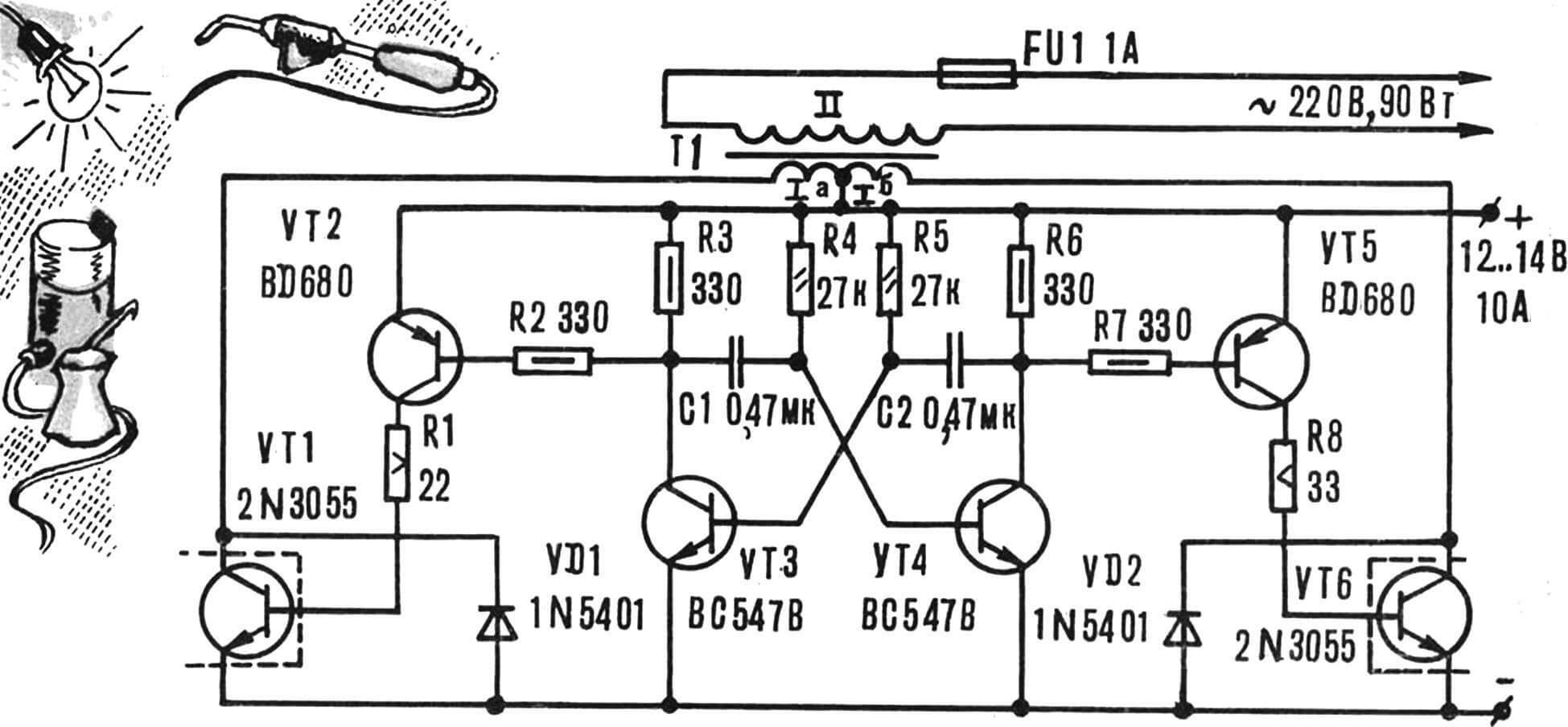 Схема инвертора 12V - 220V на 100Вт
