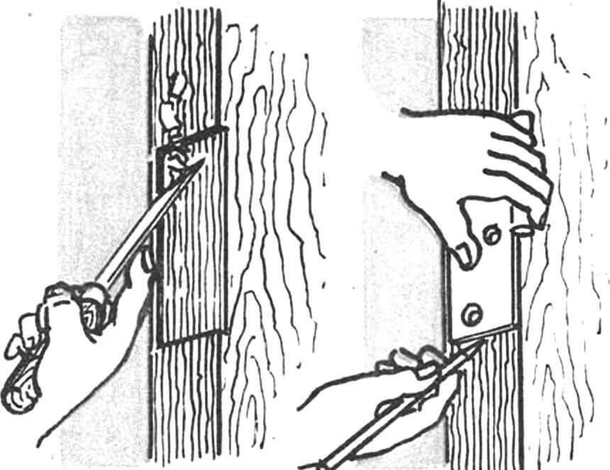 Рис. 9. Разметка и выборка стамеской гнезда под петлю (аналогично — и на дверной коробке, и на двери).