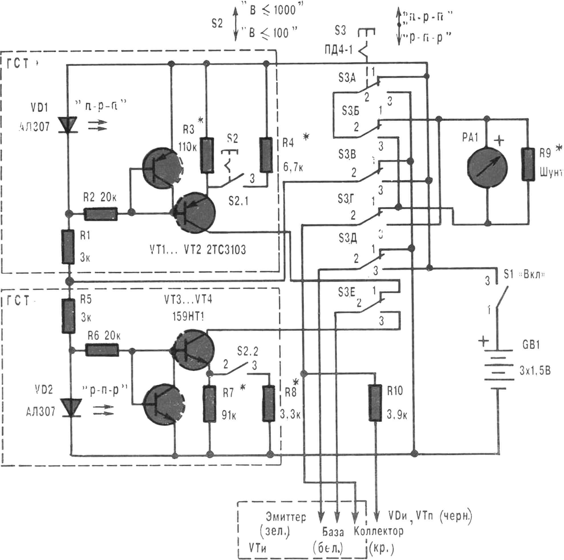 Рис. 1. Принципиальная электрическая схема самодельного прибора для измерения Бета-параметра биполярных транзисторов и «прозвонки» полупроводниковых диодов, «полевиков», светодиодов и других элементов электро- и радиотехники.