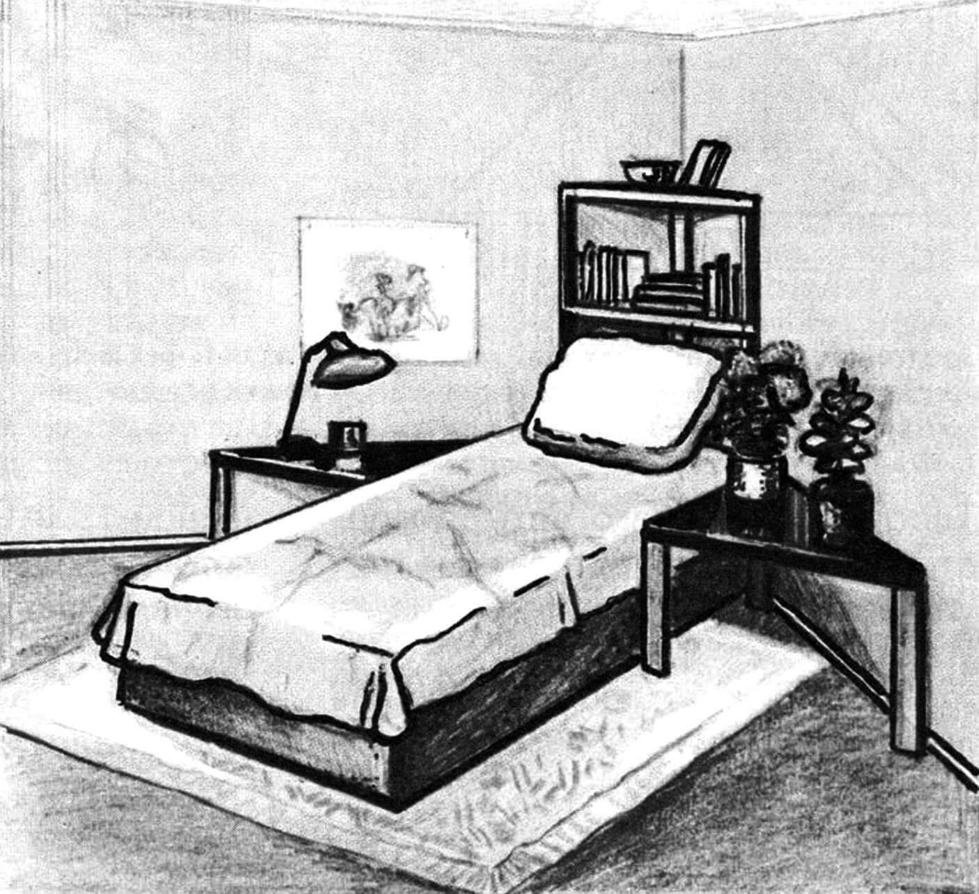 Уголок интерьера с треугольной мебелью: угловым книжным шкафом и прикроватными тумбочками.