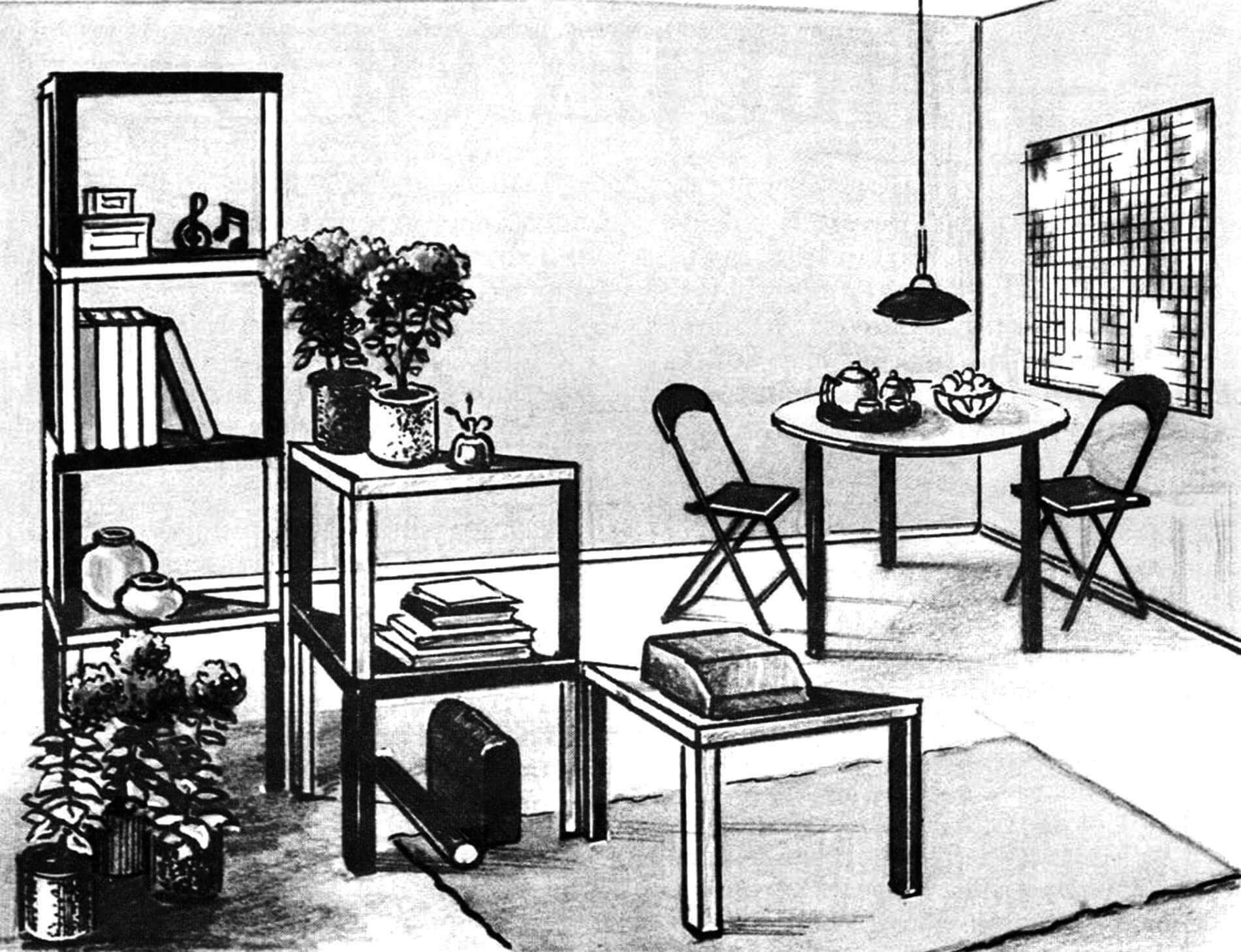 Варианты использования треугольного столика-модуля: журнальный столик, тумбочка и этажерка.