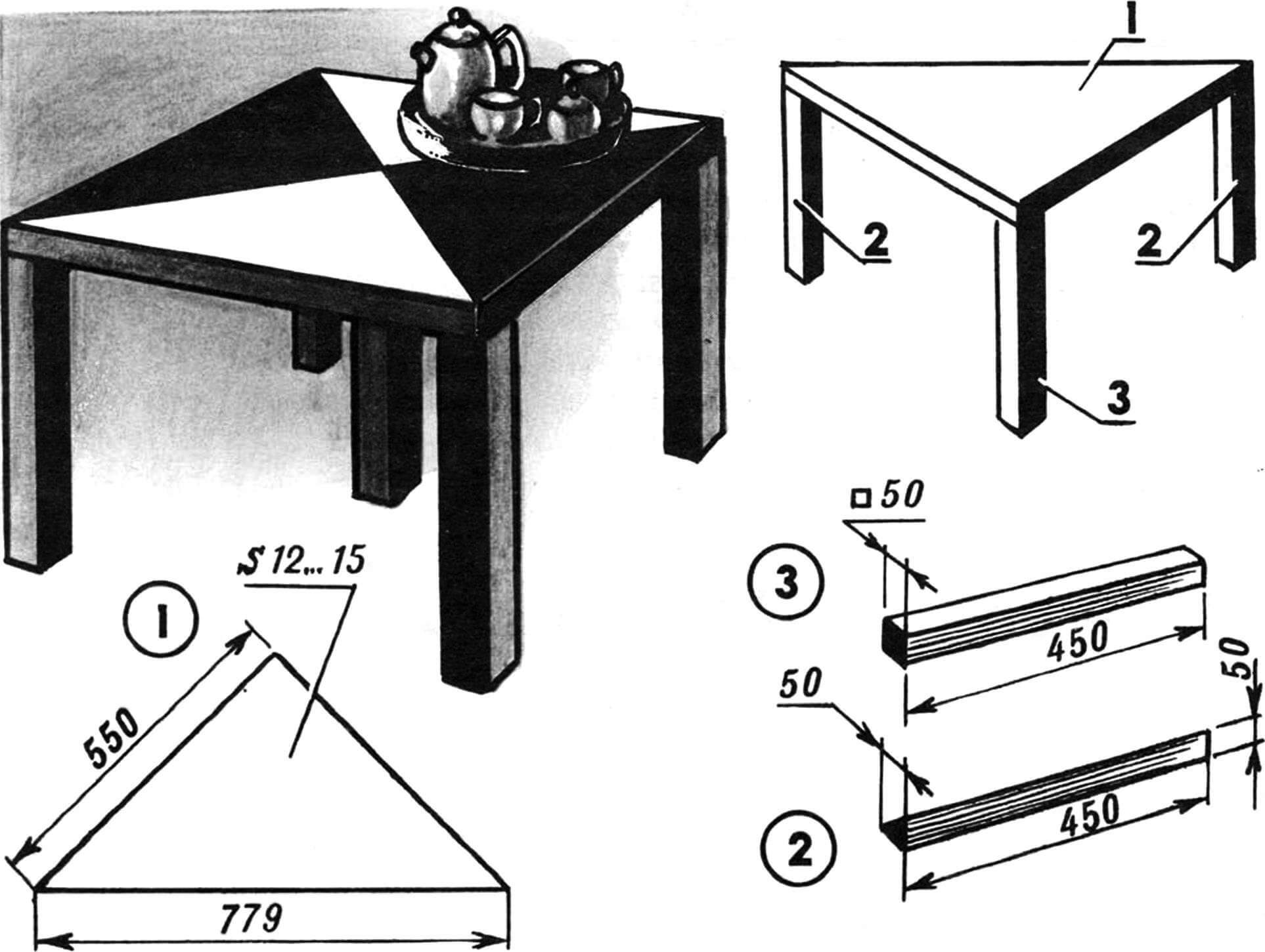 Треугольный столик-модуль и составленный из четырех модулей стол