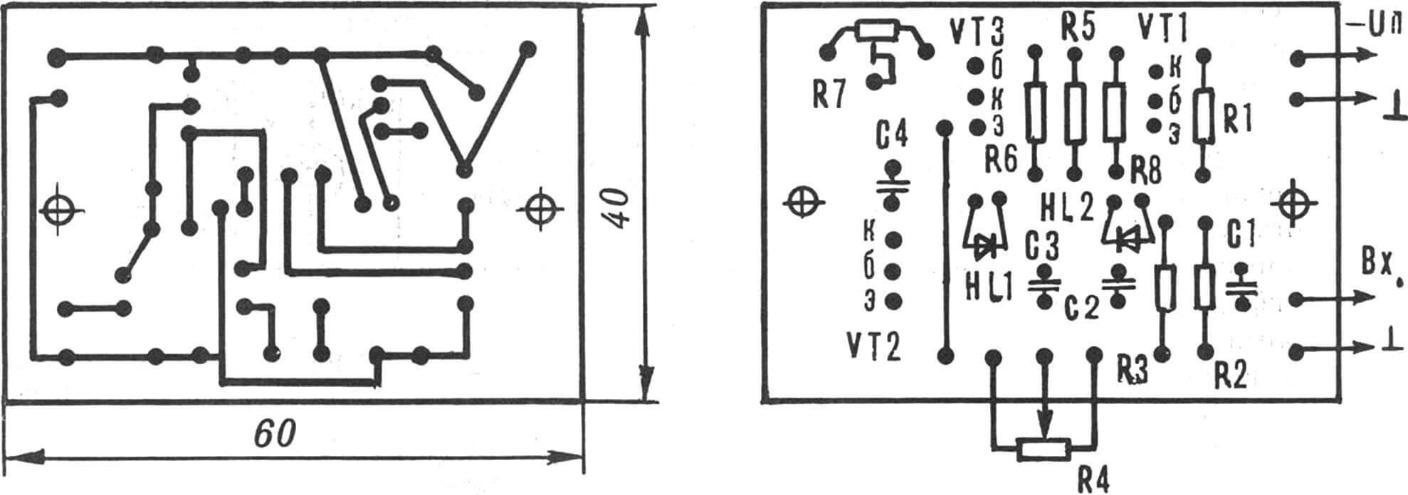 Рис. 4. Монтажная плата передатчика со схемой расположения элементов.