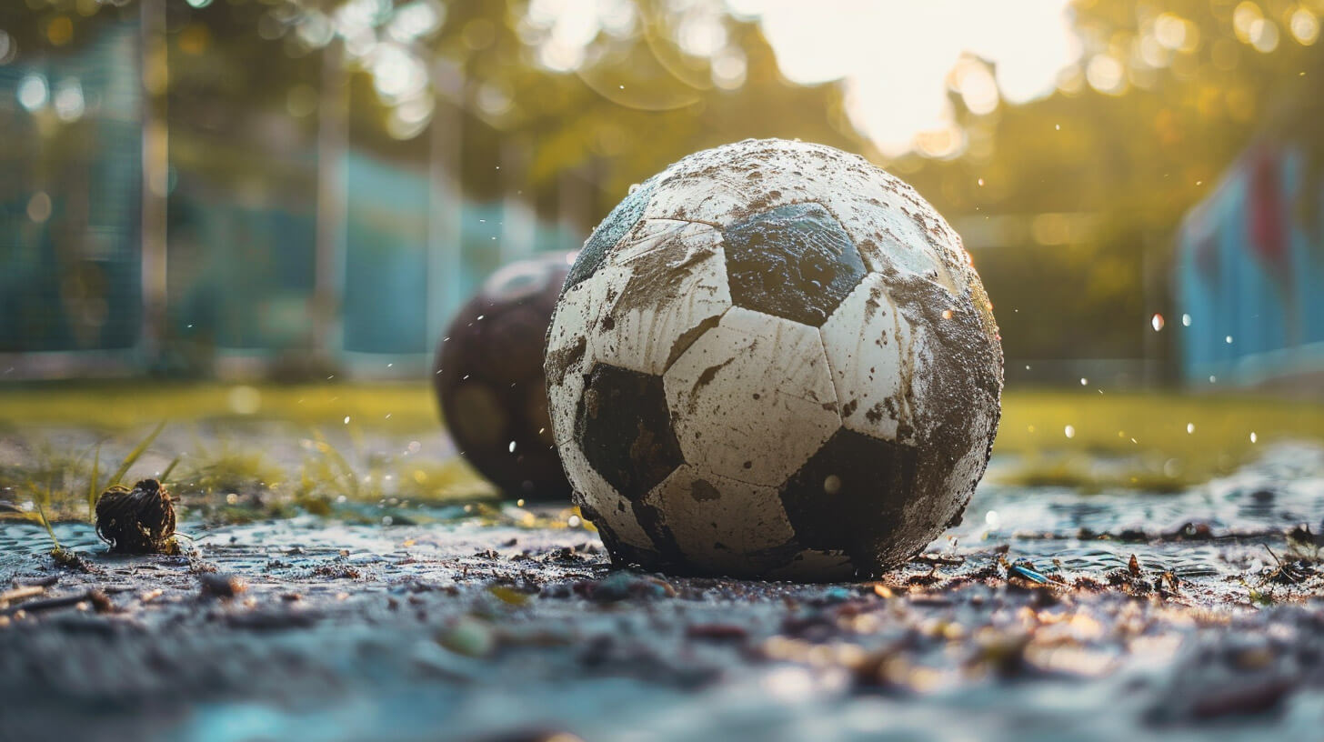 Два футбольных мяча лежат в грязи у поля