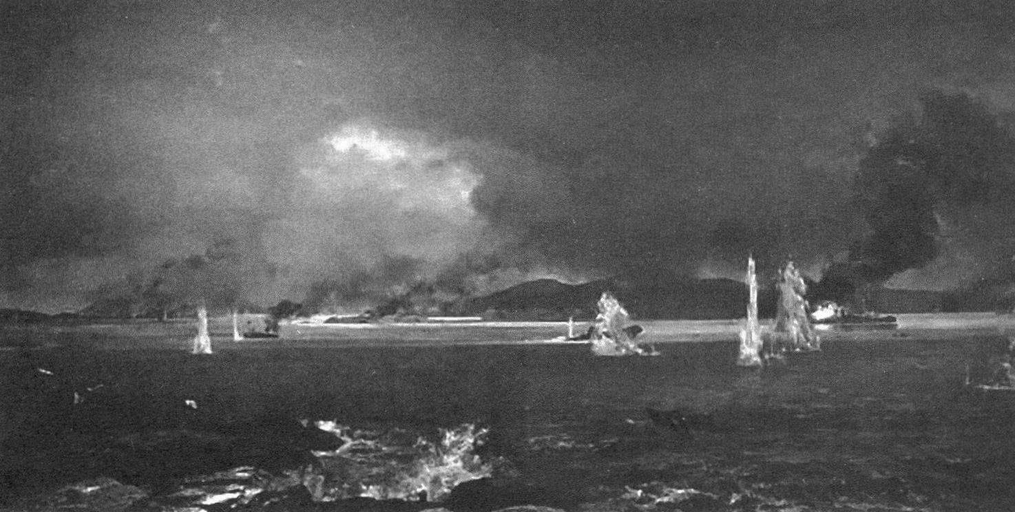 Остатки Бэйянского флота под обстрелом береговых фортов, перешедших в руки японцев, в гавани Вей-Хай-Вея (Картина из музея Японокитайской войны 1894-1895 гг. в КНР)