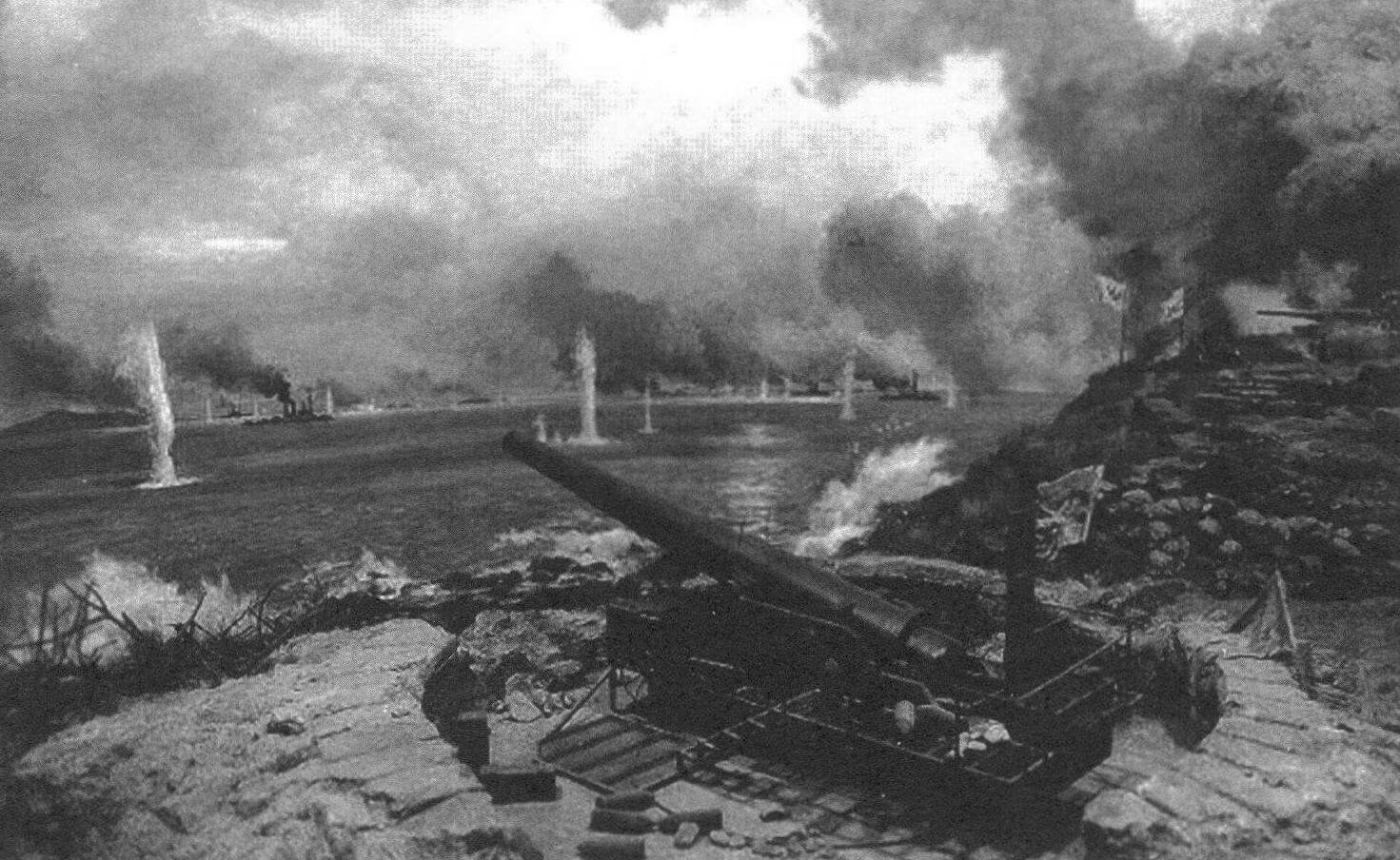 Корабли Объединенного флота ведут бой с китайскими береговыми батареями(Картина из музея Японо-китайской войны 1894-1895 гг. в КНР)