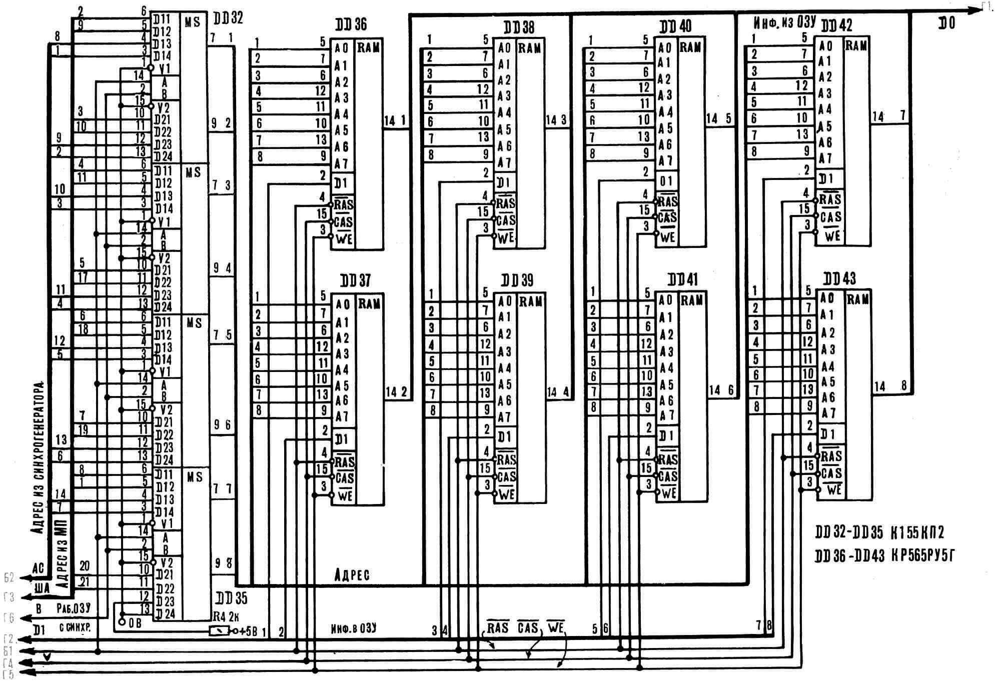Рис. 7. Принципиальная схема узла ОЗУ (см. также «М-К», 1991, № 1, рис. 2).