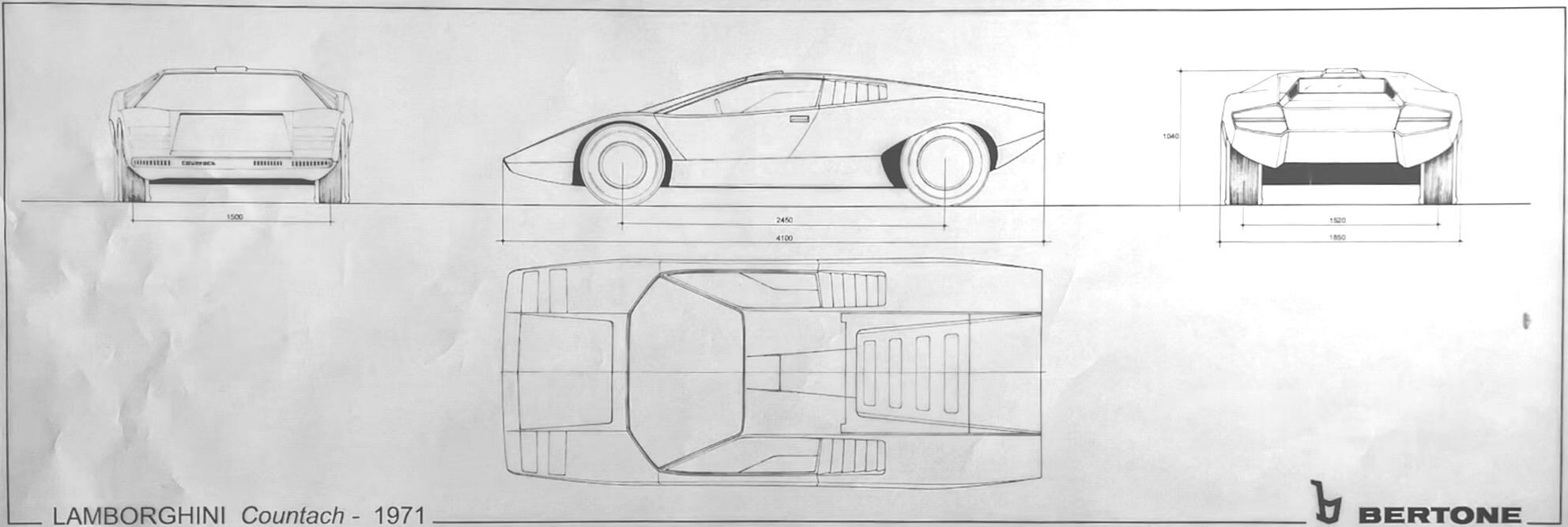 Копия архивного чертежа прототипа Lamborghini Countach LP 500 1971 года