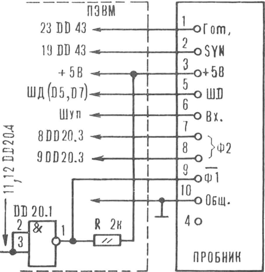 Схема подсоединения пробника к микроЭВМ