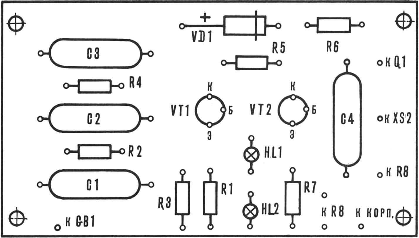 Печатная плата прибора ГЗЧ со схемой расположения элементов.