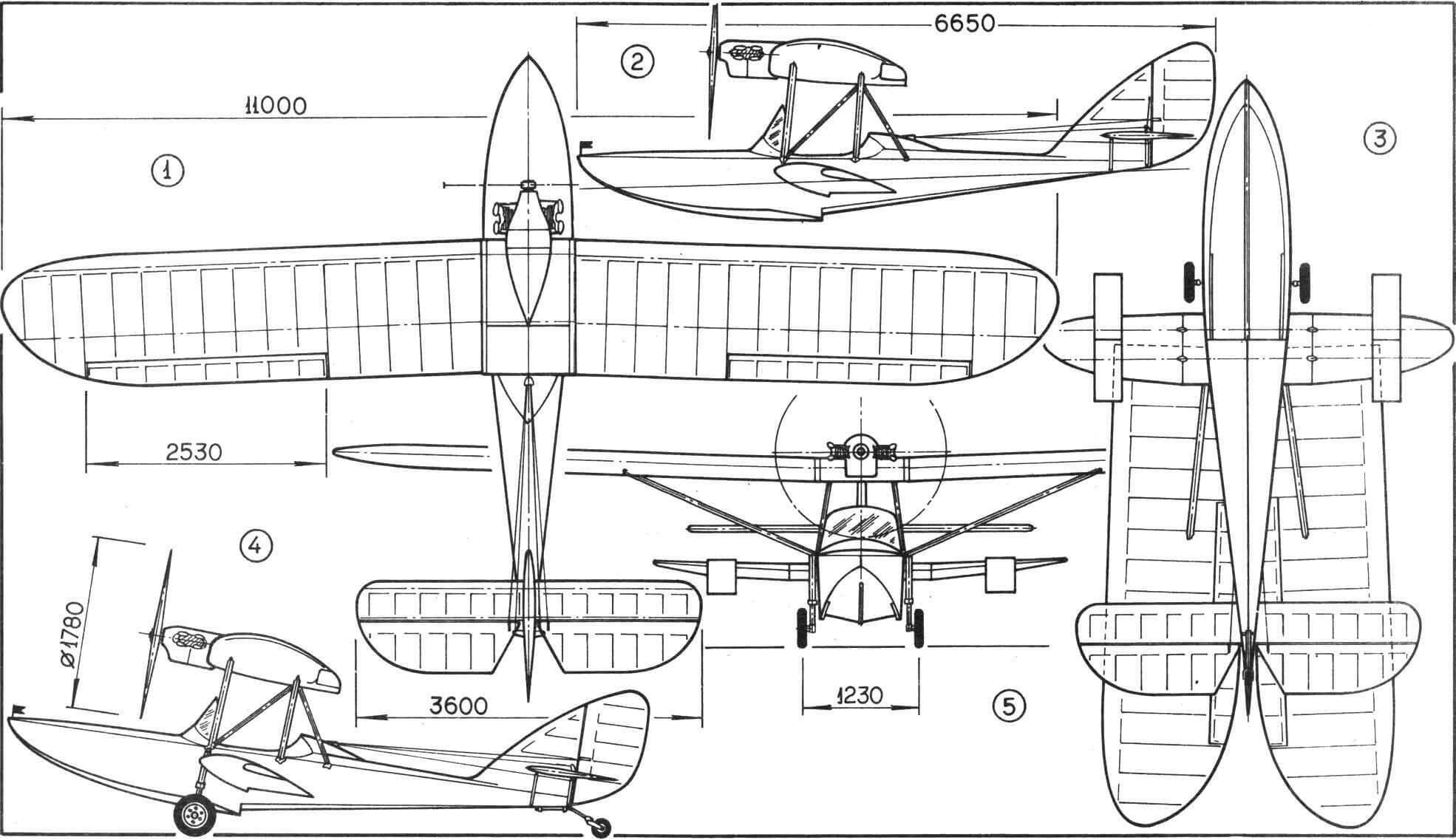 Самолет-копия летающей лодки Ш-2 в масштабе 0,75:1. Цифрами в кружках на чертеже показано