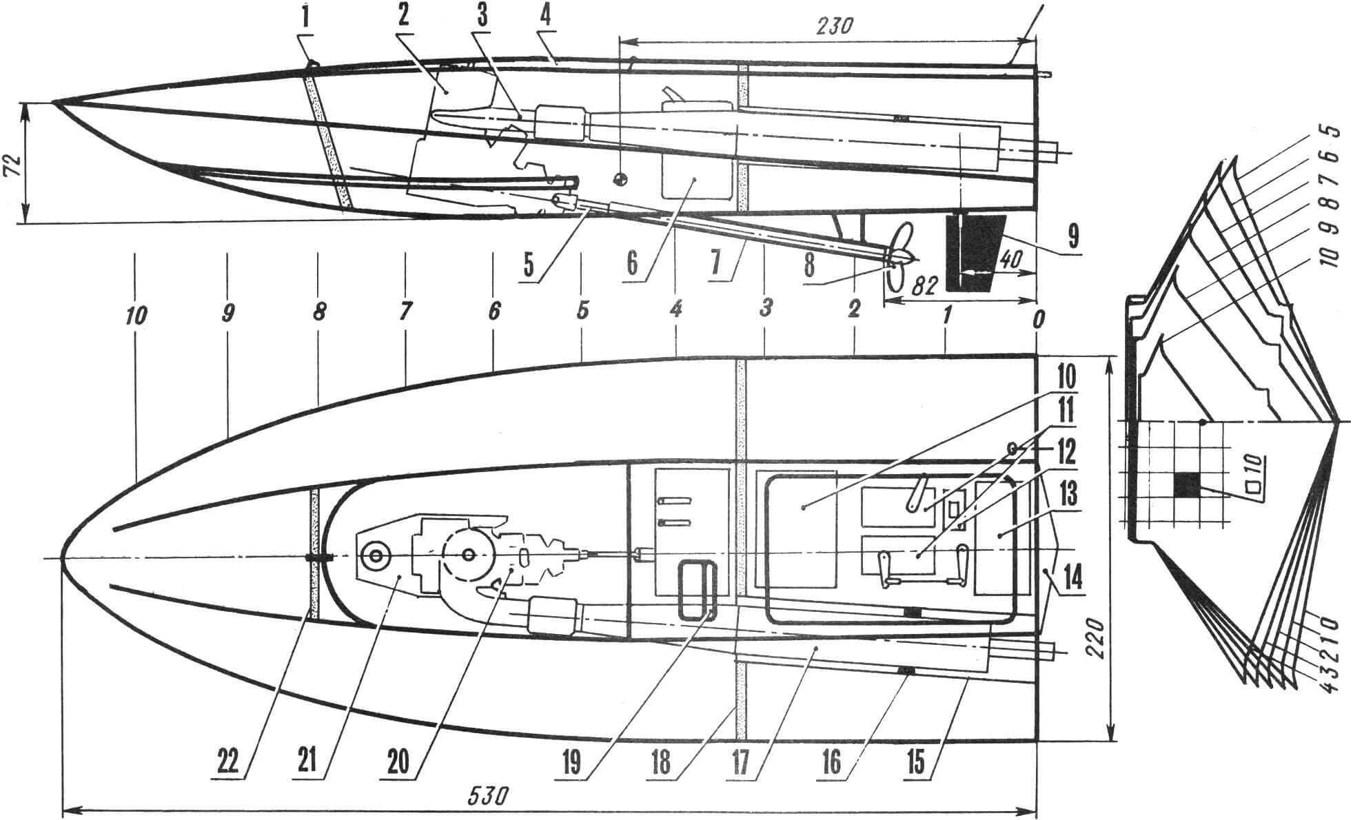 Компоновка и проекция «корпус» модели класса F3-V мастера спорта СССР международного класса А. Наумова