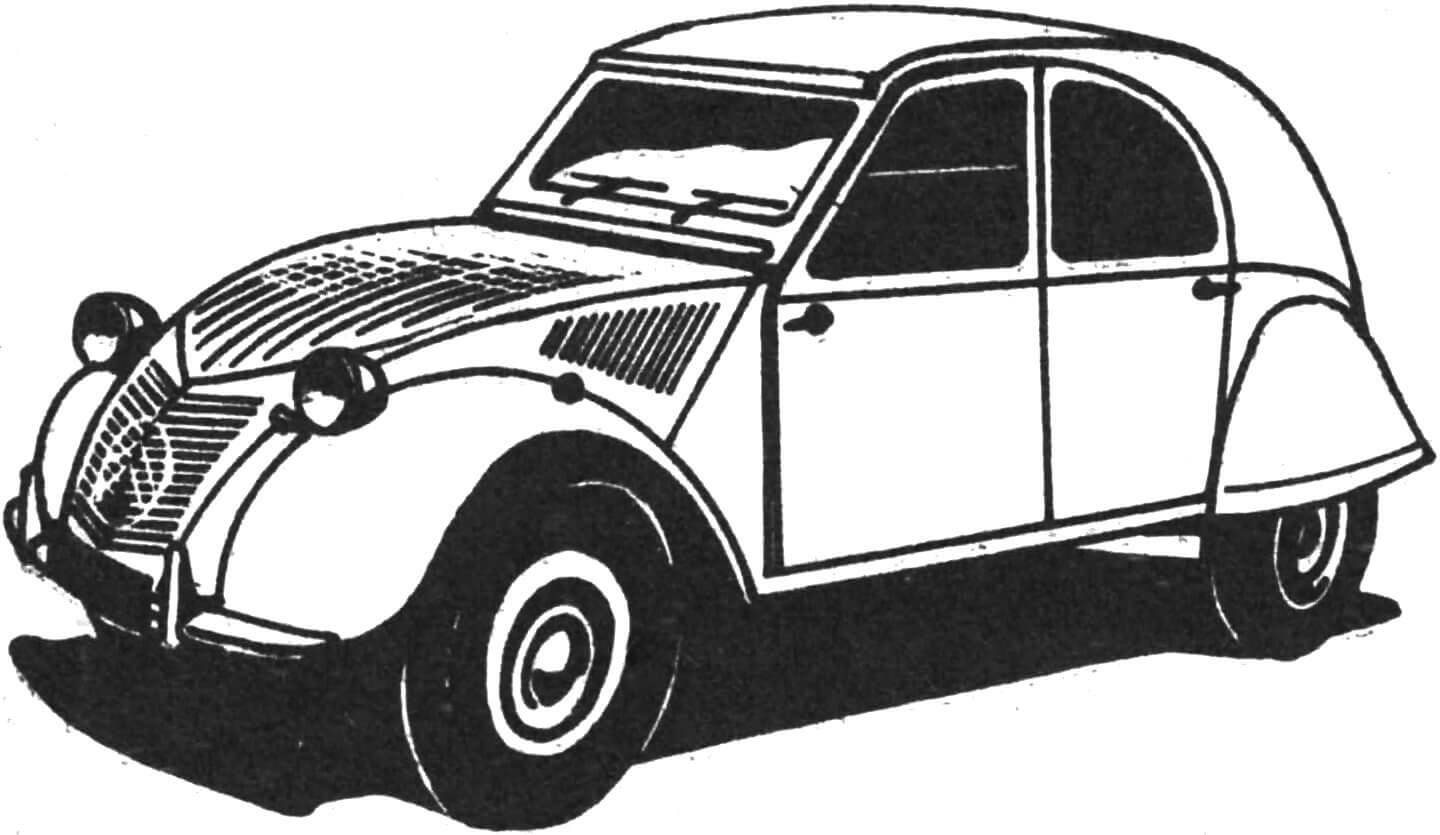 Рис. 2. Первый серийный «Ситроен» 2CV (1948 г., двигатель 375 см3, 9 л. с., 65 км/ч).