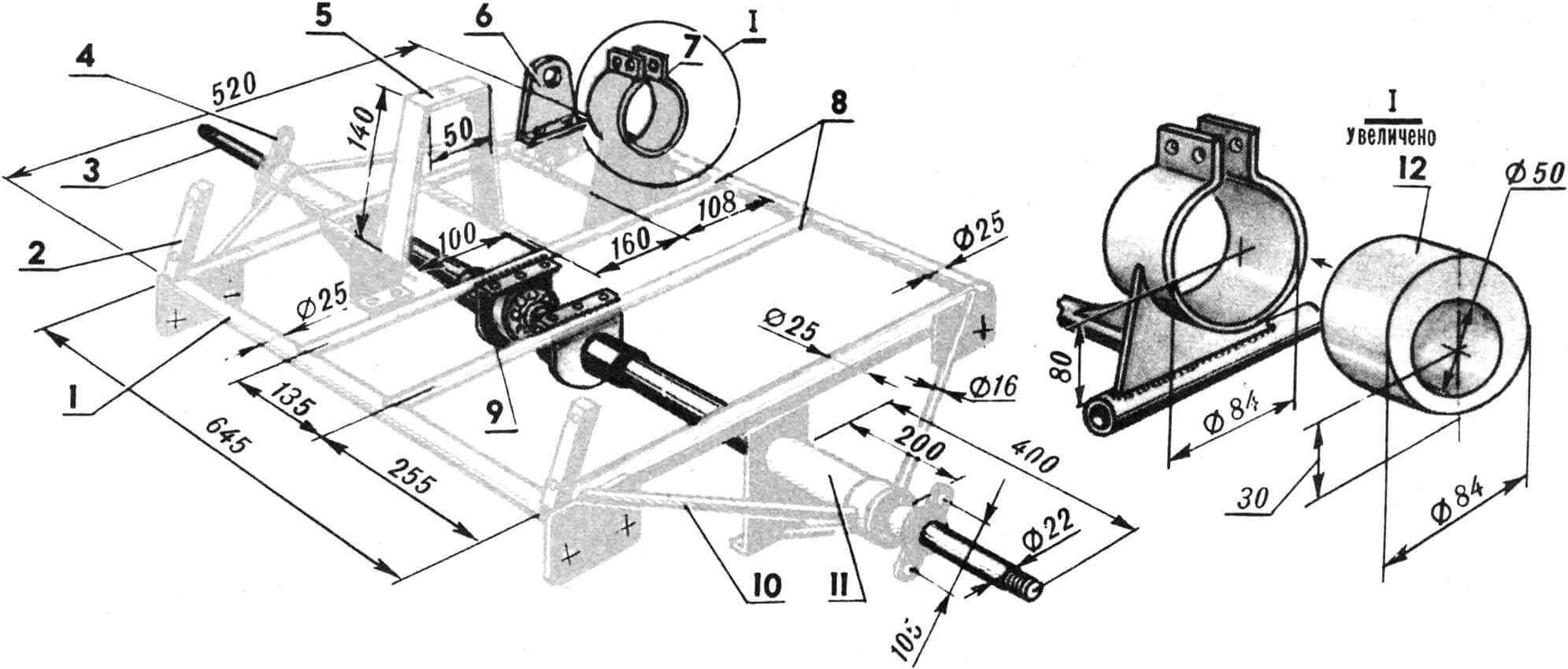 Rear axle frame with transmission elements