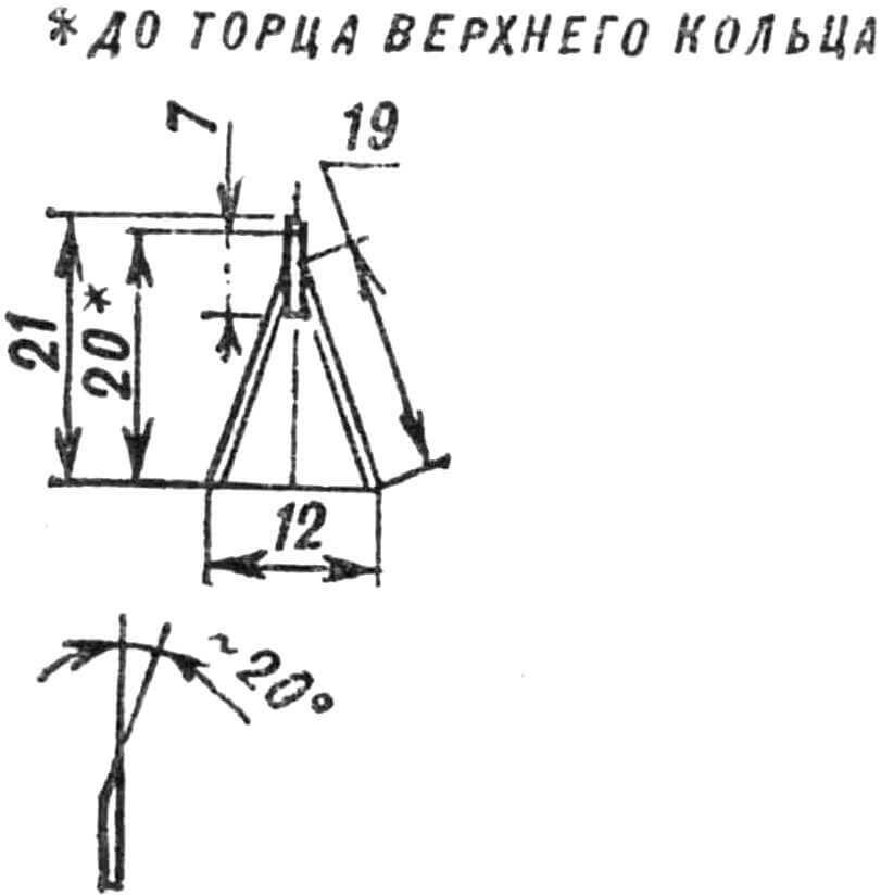 Трехстержневой узел фермы (проволока ОВС Ø 1 мм, паять ПОС-61). Внизу показана заточка конца наклонного стержня.